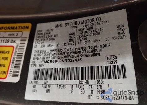 2022 Ford Bronco Sport Big Bend из США, поврежденный, VIN 3FMCR9B60NRD32435